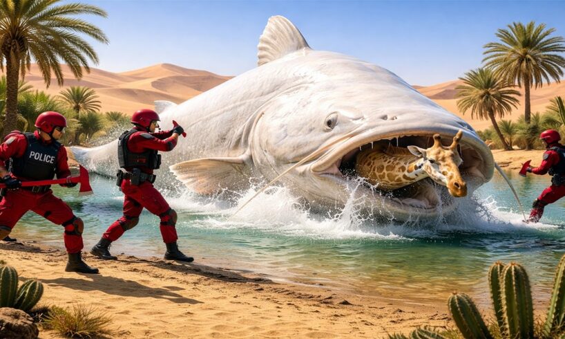 heroic rescue team saves a lone giraffe in the desert from an attack by a giant catfish 🦒🐟