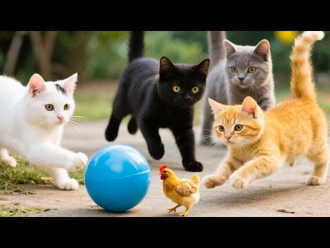 Happy kittens playing with chicks on the grass - Cat sounds - Cat videos