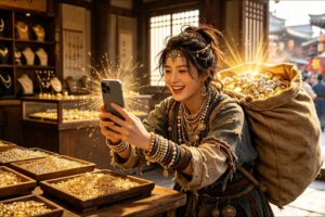 Woman time-travels with her phone,which becomes a replicator,copying food and treasures to get rich