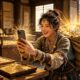 Woman time-travels with her phone,which becomes a replicator,copying food and treasures to get rich