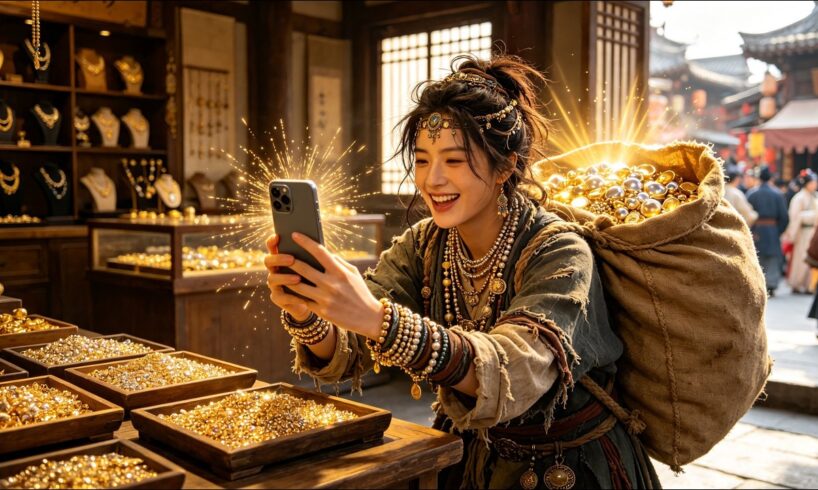 Woman time-travels with her phone,which becomes a replicator,copying food and treasures to get rich