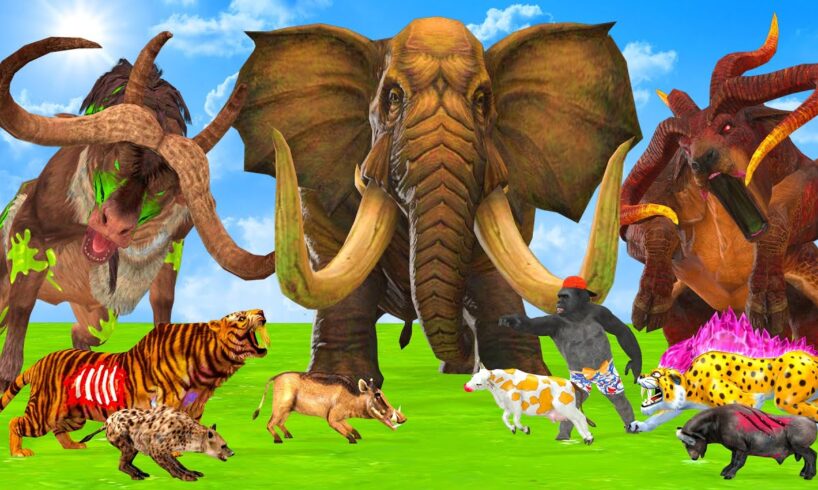 15 Mammoth Elephant Cow Vs 5 Giant Wolf Tiger Zombies Bull Fight Cow Cartoon Baby Save By Mammoth