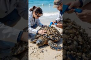 Brave Rescue Team saves injured Turtle covered in barnacles